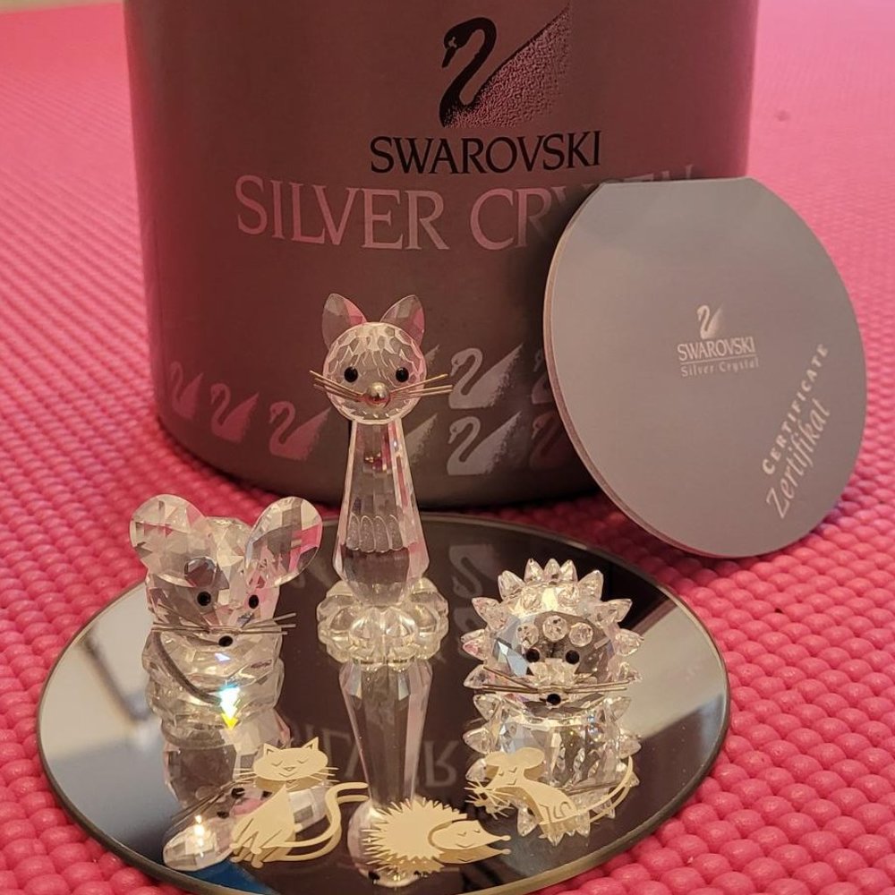 Swarovski Crystal Set of adorable Cat, Mouse & Hedgehog with Matching Mirror